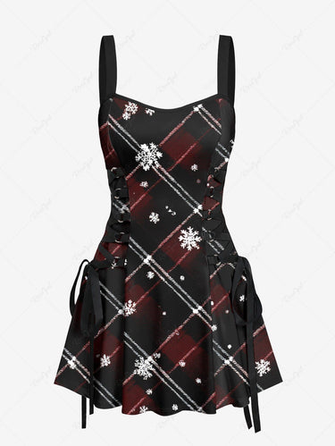 Gothic Christmas Snowflake Ombre Plaid Print Lace Up A Line Dress