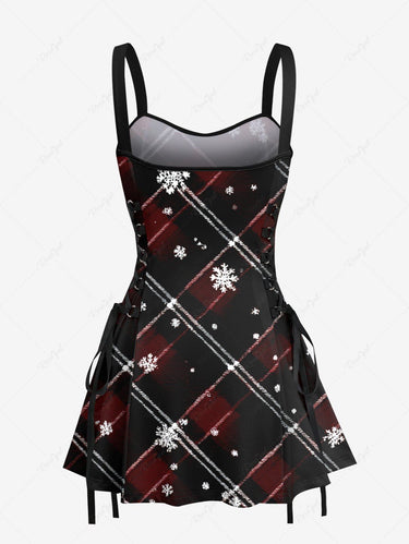 Gothic Christmas Snowflake Ombre Plaid Print Lace Up A Line Dress