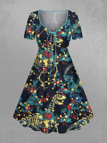 Gothic Plus Size Christmas Holly Leaf Light Skeleton Dinosaur Print Cinched A Line Dress