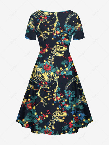 Gothic Plus Size Christmas Holly Leaf Light Skeleton Dinosaur Print Cinched A Line Dress