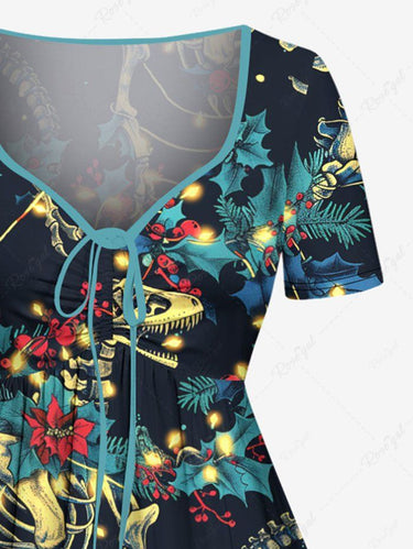 Gothic Plus Size Christmas Holly Leaf Light Skeleton Dinosaur Print Cinched A Line Dress