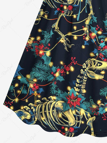 Gothic Plus Size Christmas Holly Leaf Light Skeleton Dinosaur Print Cinched A Line Dress
