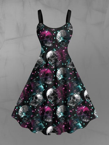 Gothic Plus Size Glitter Christmas Light Skull Print A Line Dress