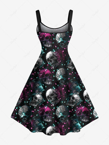 Gothic Plus Size Glitter Christmas Light Skull Print A Line Dress