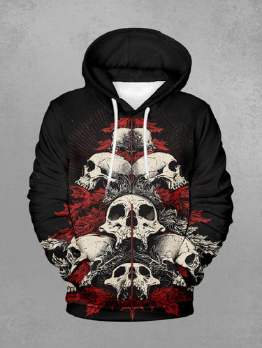 Gothic Plus Size Skull Christmas Tree Print Pocket Drawstring Pullover Long Sleeves Hoodie For Men