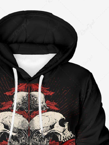 Gothic Plus Size Skull Christmas Tree Print Pocket Drawstring Pullover Long Sleeves Hoodie For Men