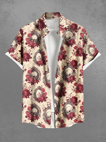 Gothic Plus Size Skull Flower Mirror Print Button Pocket Shirt For Men