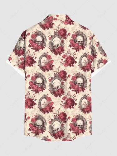 Gothic Plus Size Skull Flower Mirror Print Button Pocket Shirt For Men
