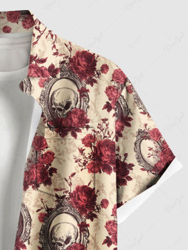 Gothic Plus Size Skull Flower Mirror Print Button Pocket Shirt For Men