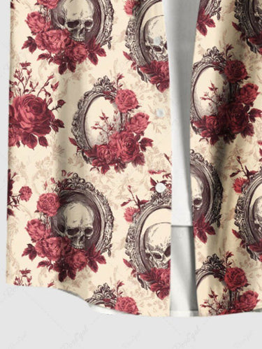 Gothic Plus Size Skull Flower Mirror Print Button Pocket Shirt For Men