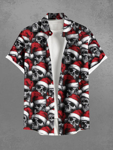 Gothic Plus Size Christmas Hat Skull Print Button Pocket Shirt For Men