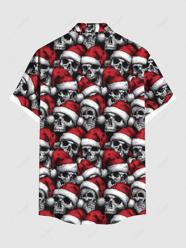 Gothic Plus Size Christmas Hat Skull Print Button Pocket Shirt For Men