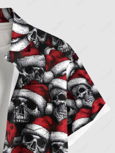 Gothic Plus Size Christmas Hat Skull Print Button Pocket Shirt For Men