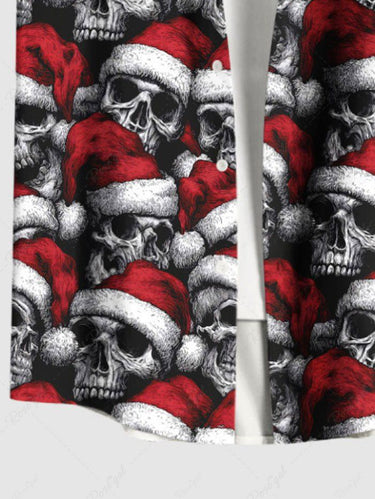 Gothic Plus Size Christmas Hat Skull Print Button Pocket Shirt For Men