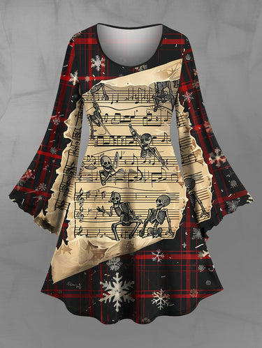 Gothic Plus Size Christmas Snowflake Plaid Skeleton Music Symbol Print A Line Dress