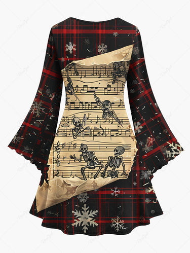 Gothic Plus Size Christmas Snowflake Plaid Skeleton Music Symbol Print A Line Dress