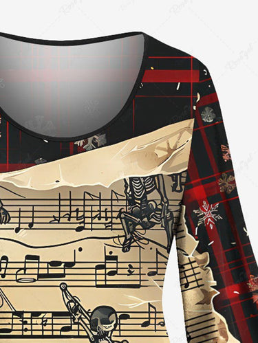 Gothic Plus Size Christmas Snowflake Plaid Skeleton Music Symbol Print A Line Dress