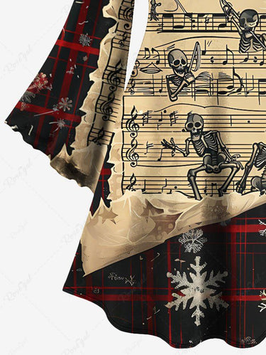 Gothic Plus Size Christmas Snowflake Plaid Skeleton Music Symbol Print A Line Dress