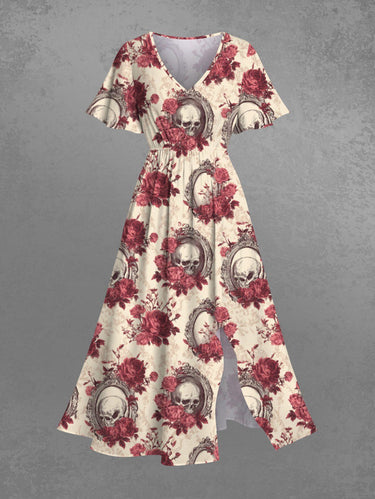 Gothic Plus Size Skull Flower Mirror Print Split Pocket A Line Midi Dress