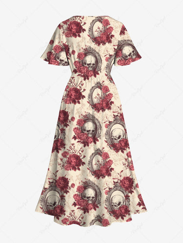 Gothic Plus Size Skull Flower Mirror Print Split Pocket A Line Midi Dress