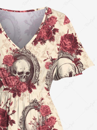 Gothic Plus Size Skull Flower Mirror Print Split Pocket A Line Midi Dress