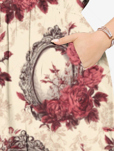 Gothic Plus Size Skull Flower Mirror Print Split Pocket A Line Midi Dress