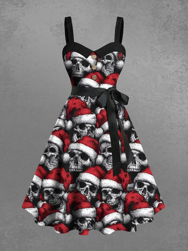 Gothic Plus Size Christmas Hat Skull Print Button A Line Dress with Removable Belt