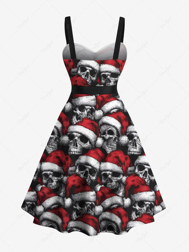 Gothic Plus Size Christmas Hat Skull Print Button A Line Dress with Removable Belt