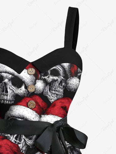 Gothic Plus Size Christmas Hat Skull Print Button A Line Dress with Removable Belt