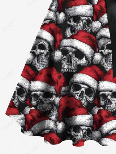 Gothic Plus Size Christmas Hat Skull Print Button A Line Dress with Removable Belt