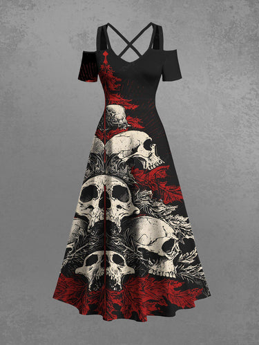 Gothic Plus Size Skull Christmas Tree Print Cold Shoulder Crisscross Strappy A Line Maxi Dress