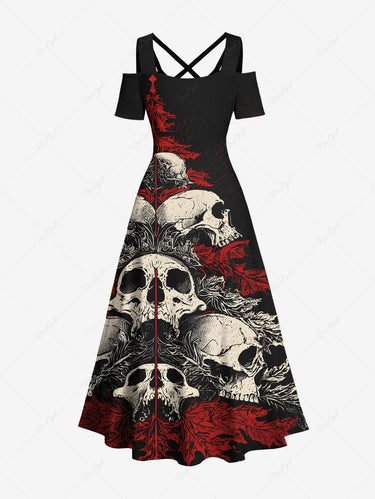 Gothic Plus Size Skull Christmas Tree Print Cold Shoulder Crisscross Strappy A Line Maxi Dress