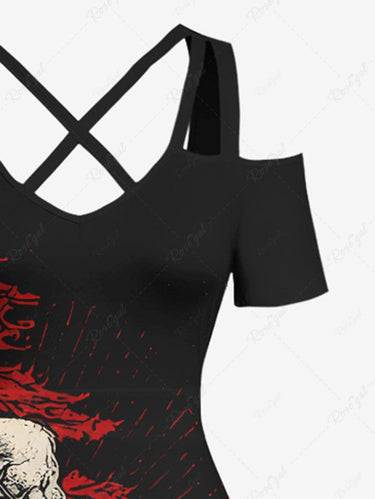 Gothic Plus Size Skull Christmas Tree Print Cold Shoulder Crisscross Strappy A Line Maxi Dress