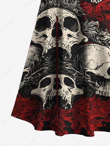 Gothic Plus Size Skull Christmas Tree Print Cold Shoulder Crisscross Strappy A Line Maxi Dress