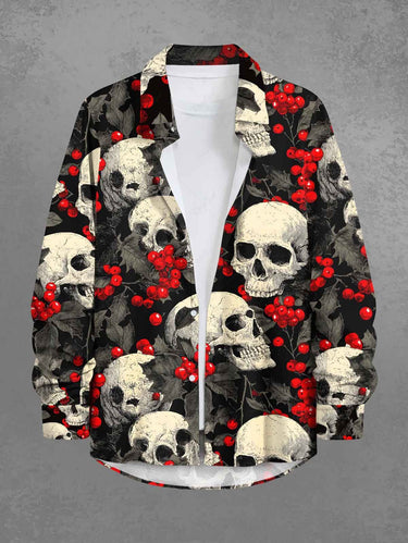 Gothic Plus Size Christmas Holly Leaf Skull Print Button Long Sleeves Shirt For Men