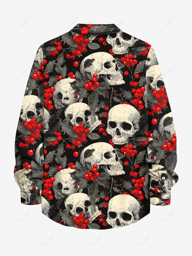 Gothic Plus Size Christmas Holly Leaf Skull Print Button Long Sleeves Shirt For Men
