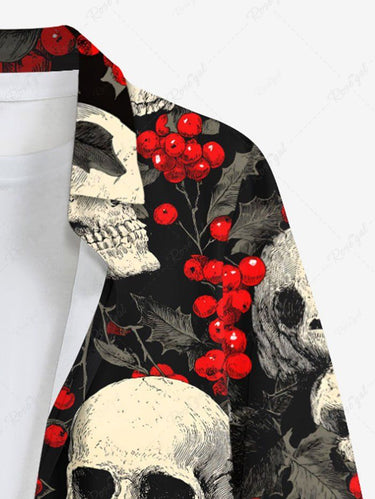 Gothic Plus Size Christmas Holly Leaf Skull Print Button Long Sleeves Shirt For Men