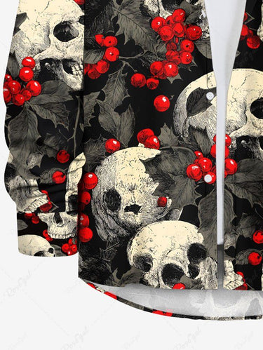 Gothic Plus Size Christmas Holly Leaf Skull Print Button Long Sleeves Shirt For Men