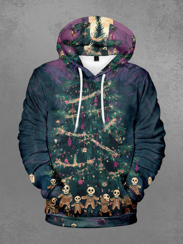 Gothic Plus Size Christmas Tree Skull Gingerbread Print Ombre Pocket Pullover Long Sleeves Hoodie For Men