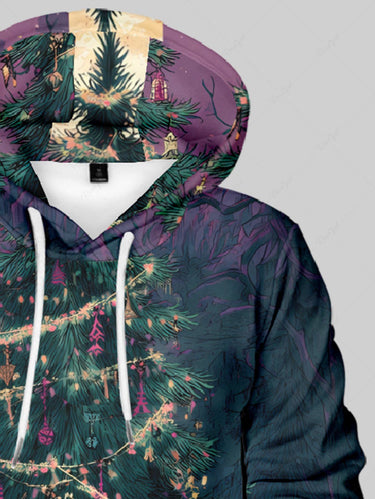 Gothic Plus Size Christmas Tree Skull Gingerbread Print Ombre Pocket Pullover Long Sleeves Hoodie For Men