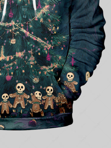 Gothic Plus Size Christmas Tree Skull Gingerbread Print Ombre Pocket Pullover Long Sleeves Hoodie For Men