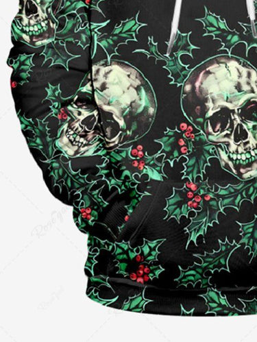 Gothic Plus Size Christmas Holly Leaf Skull Print Pullover Long Sleeves Hoodie For Men
