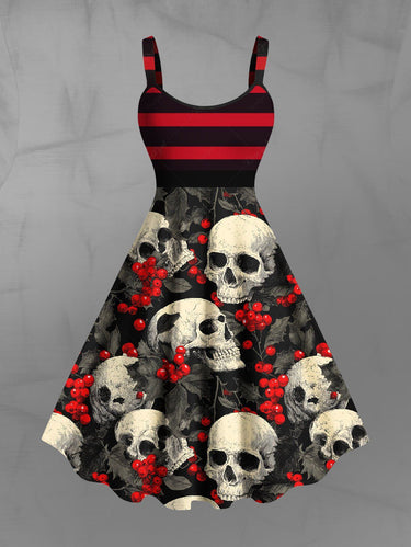 Gothic Plus Size Christmas Holly Leaf Skull Striped Print A Line Dress
