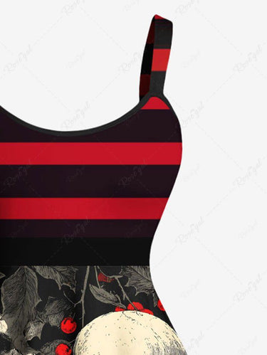 Gothic Plus Size Christmas Holly Leaf Skull Striped Print A Line Dress