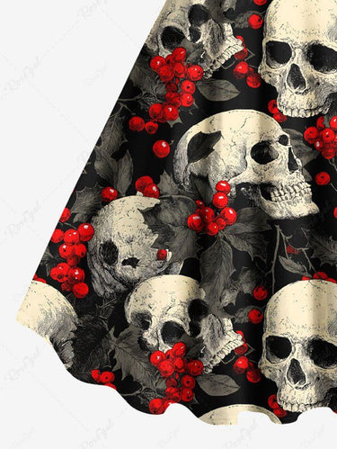 Gothic Plus Size Christmas Holly Leaf Skull Striped Print A Line Dress