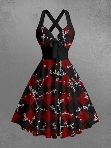 Gothic Christmas Plaid Branch Print Crisscross Strappy Halter A Line Dress
