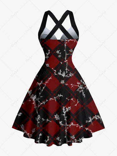 Gothic Christmas Plaid Branch Print Crisscross Strappy Halter A Line Dress