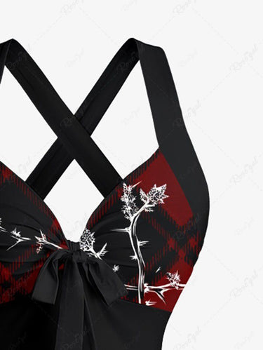 Gothic Christmas Plaid Branch Print Crisscross Strappy Halter A Line Dress