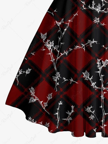 Gothic Christmas Plaid Branch Print Crisscross Strappy Halter A Line Dress
