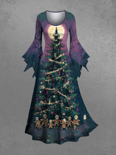 Gothic Christmas Tree Skull Gingerbread Moon Print Ombre A Line Dress